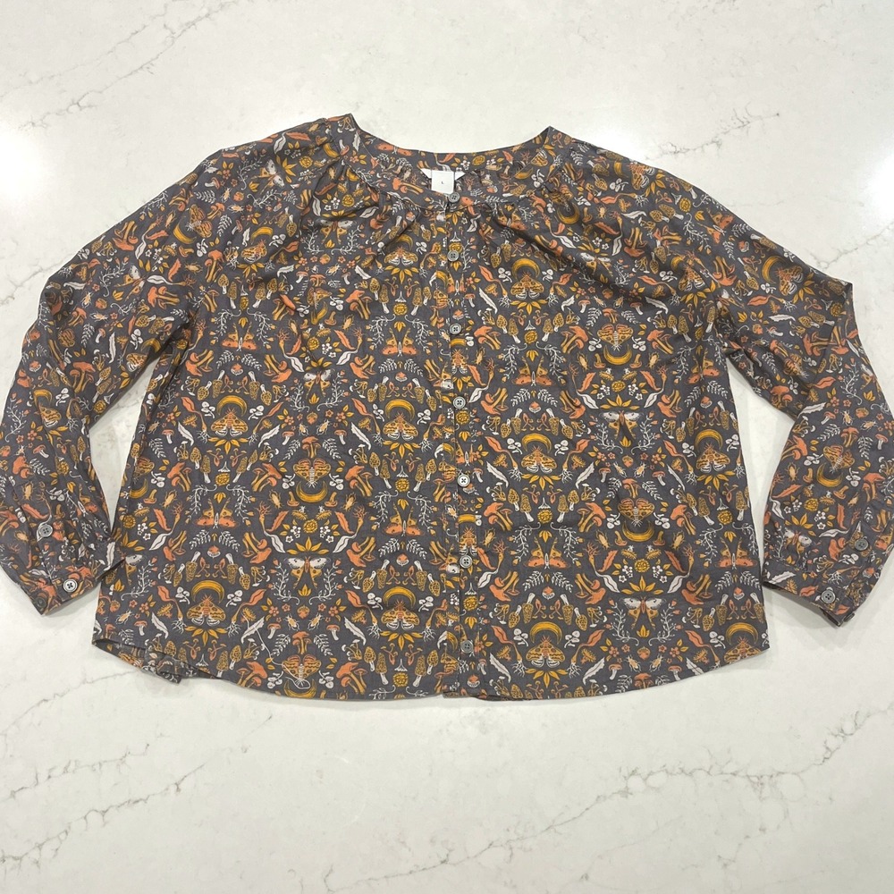 Duluth Trading Printmaker Shirt Womens L Gray Organic Cotton Mushroom Whimsy